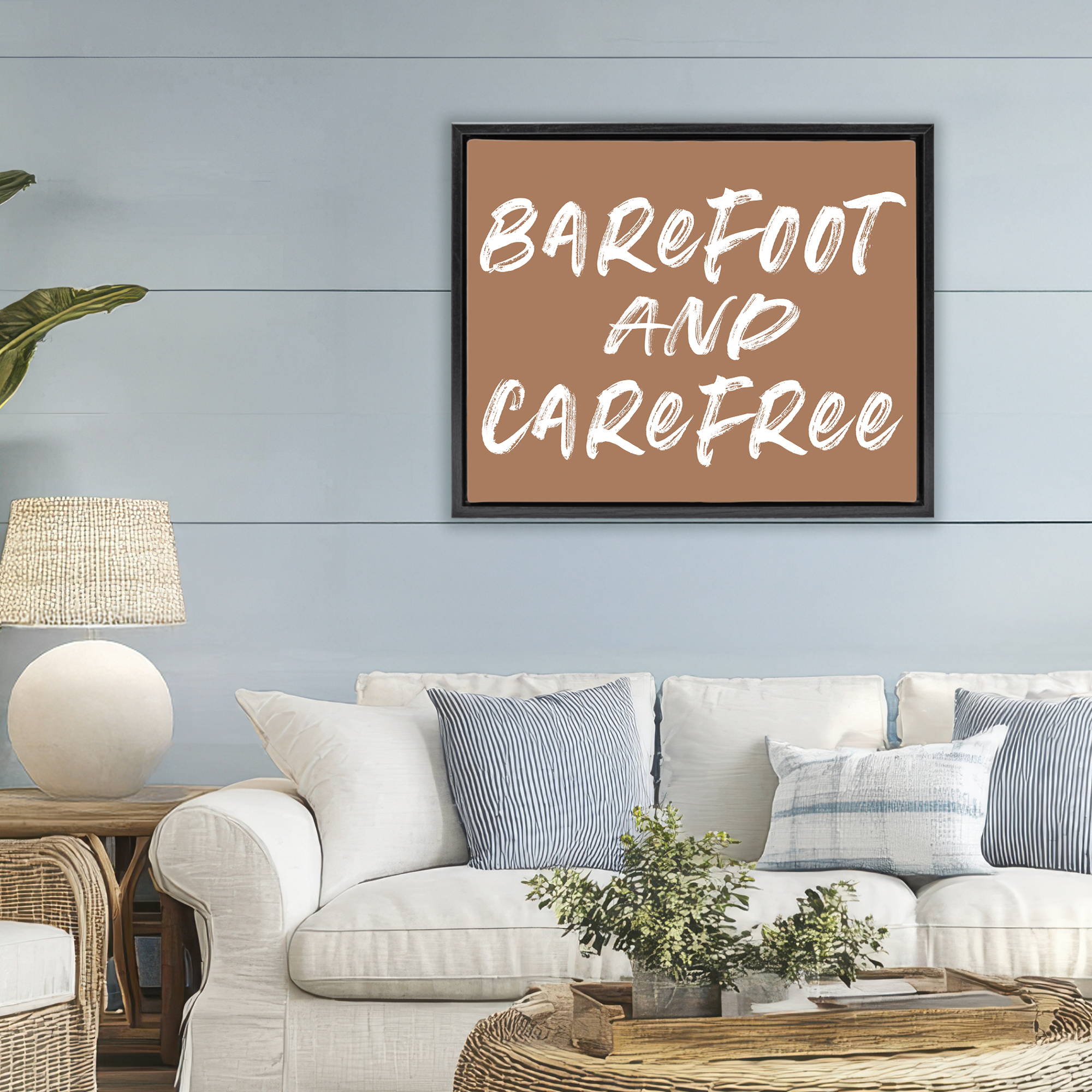 Barefoot & Carefree Brown Black Framed Floater Canvas Wall Art, design by Lettered and Lined
