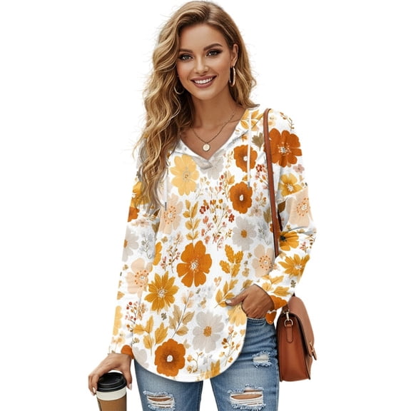 DISNIMO Floral Printed Hoodies for Women Trendy Sweatshirts Long Sleeve Tunics Top Waffle Hoodies for Fall Winter, S