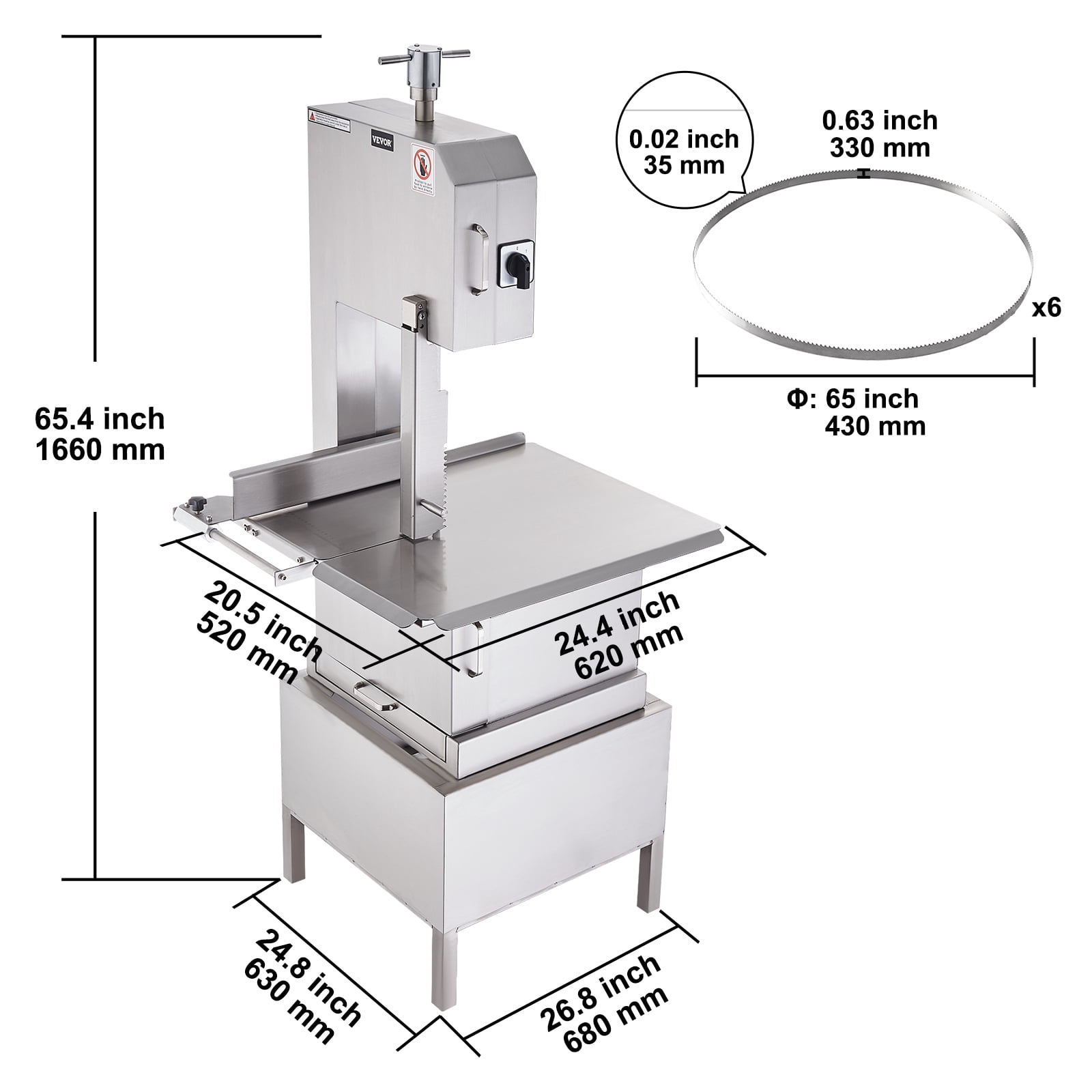 VEVOR Commercial Electric Meat Bandsaw,2200W Stainless Steel Vertical Bone Sawing Machine, Workbeach 24.4" x 20.5",0.16-8.7 Inch Cutting Thickness, Frozen Meat Cutter with 6 Blades for Rib Pork Beef