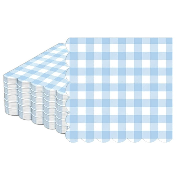 Blue and White Gingham Scalloped Napkins 50Pcs, 6.5in Plaid Party Supplies for Wedding Birthday Picnic Shower, Checkered Table Decor, blue