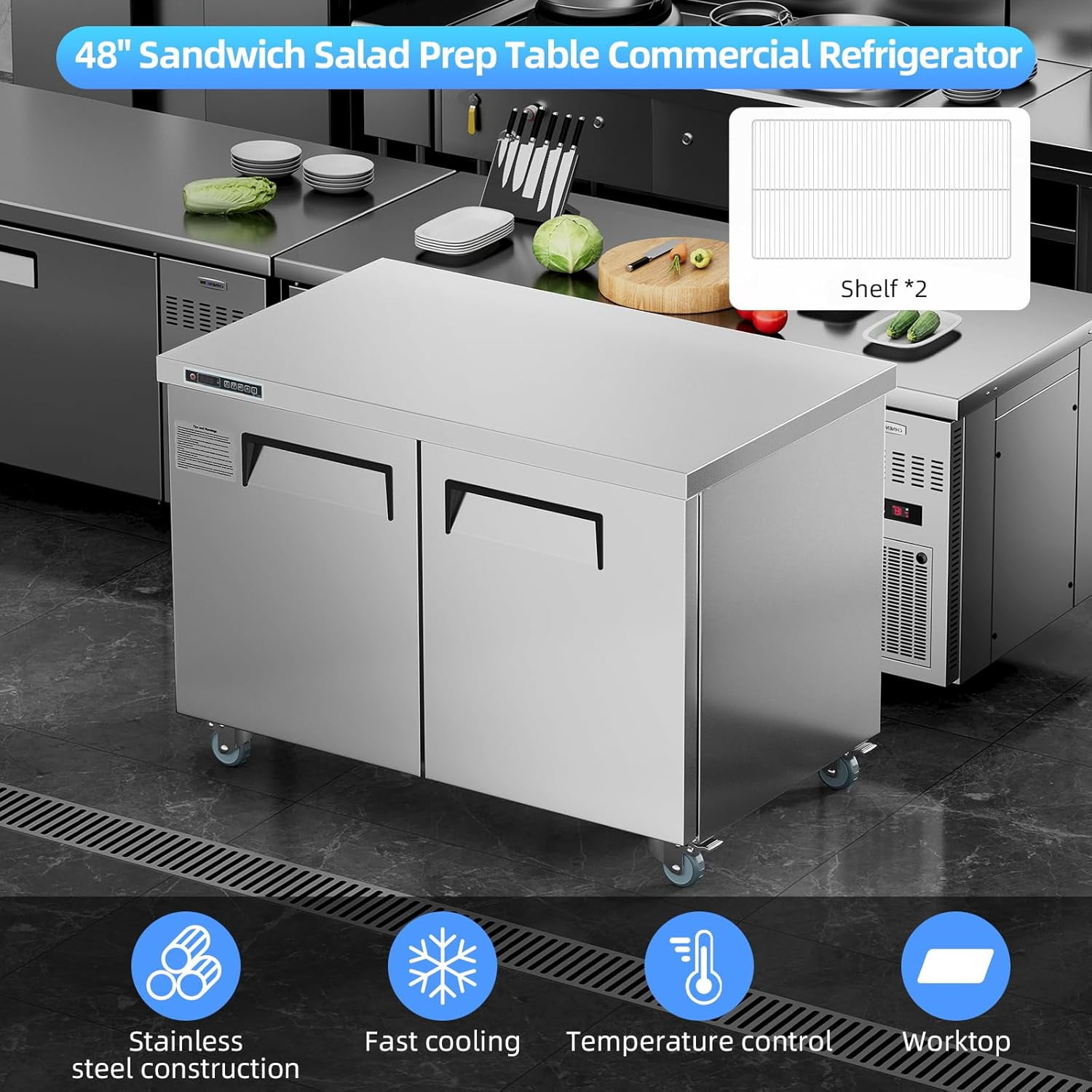 IdealHouse 48" Commercial Prep Table Refrigerator, Stainless Steel Dual Door Cooling Table, Sandwich Salad Prep for Food Service & Restaurant