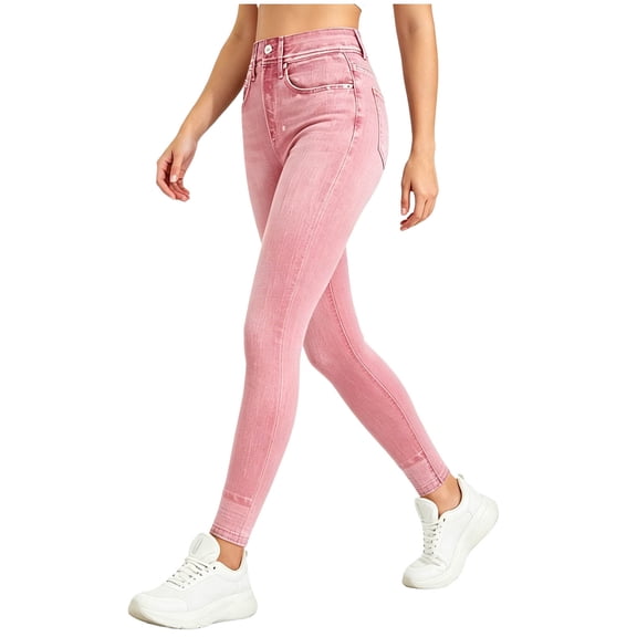 Pants Women, Women's Pants High Waisted Stretchy Jeans, Slim Fit Cuffed Hem Skinny Cropped Denim Pants with Pockets for Casual Daily Pink L