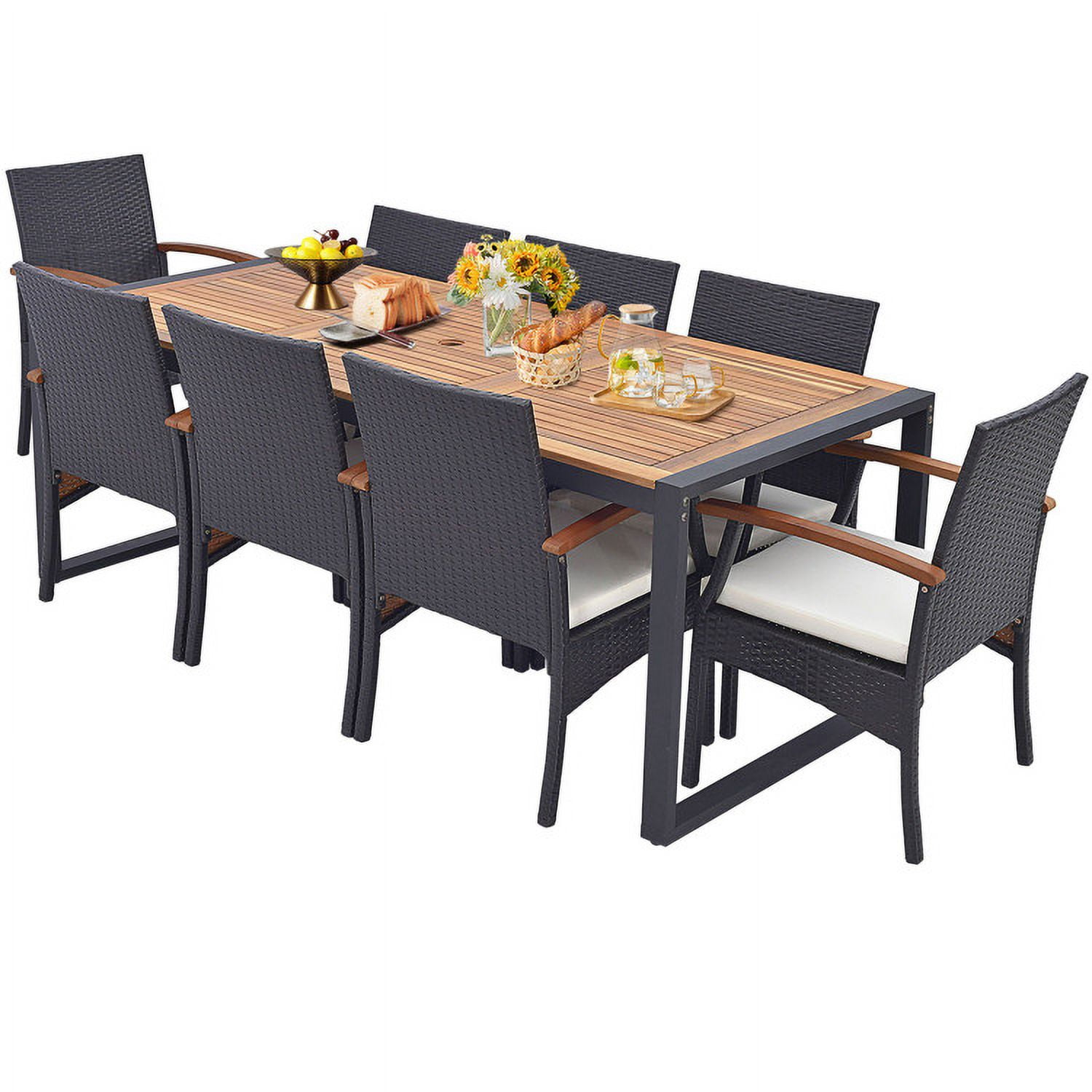 Aimee Lii 9 Pieces Patio Rattan Dining Set with Acacia Wood Table for Backyard Garden-Wood Handrail, Outdoor Patio Furniture Aimee Lii 9 Pieces Patio Rattan Dining Set with Acacia Wood Table for Backyard Garden-Wood Handrail, Outdoor Patio Furniture