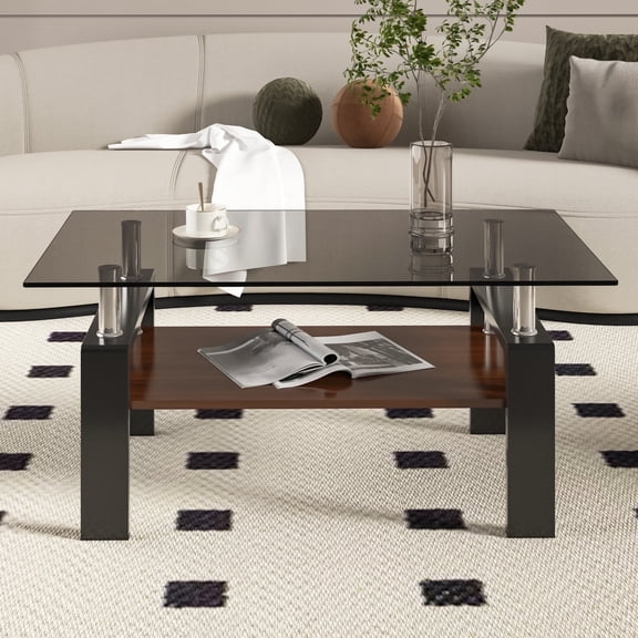 QZYeYun Rectangle Glass Coffee Table for Living Room, Gray Glass Coffee Table with Storage Shelf and Black Metal Legs for Apartment (Gray, Black)