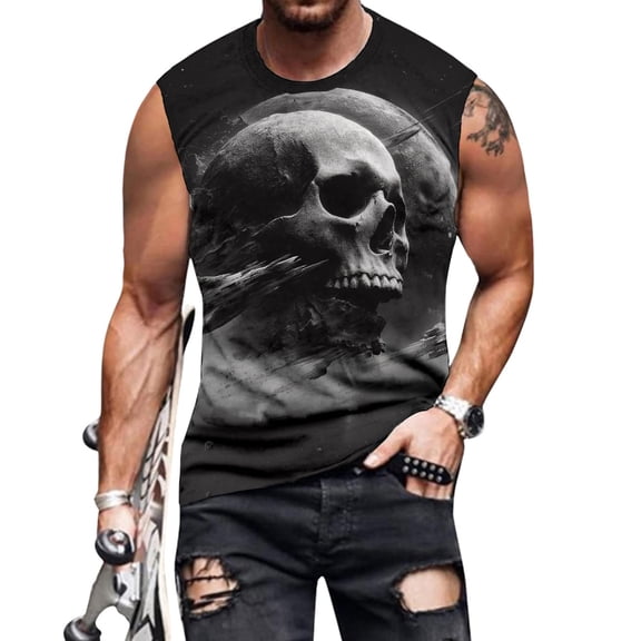 adaychics Mens Skull Tank Top Round Neck Spooky Skull Workout Tank Tops Summer Gym Sports Vest for Daily Wear