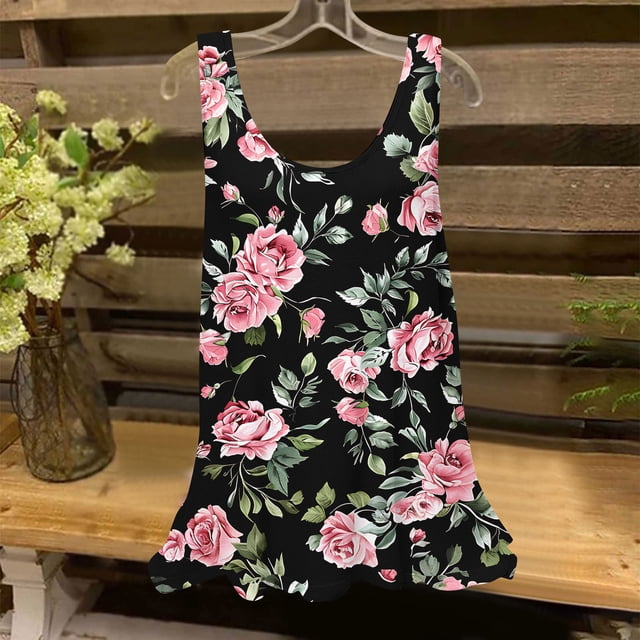 UPPADA Débardeurs pour Femmes Été Décontracté Col Rond Sans Manches Haut T-Shirts à Imprimé Floral Coupe Ample Tunique Basique Chemises Blouses Plissées Fluides Liquidation Noir,G