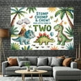 thumbnail image 4 of Cartoon Dinosaur Birthday Backdrop Stomp Chomp Chew Our Little Dino is TWO Photography Background Tropical Jungle Dinosaur 2nd Birthday Party Decorations Banner Supplies Photo Booth Props, 4 of 6