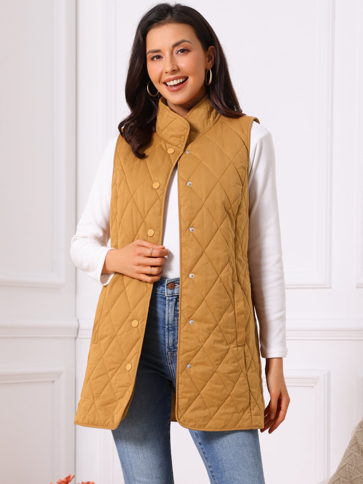 DARING DIVA Women's Stand Collar Sleeveless Puffy Jacket Lightweight Gilet L Brown