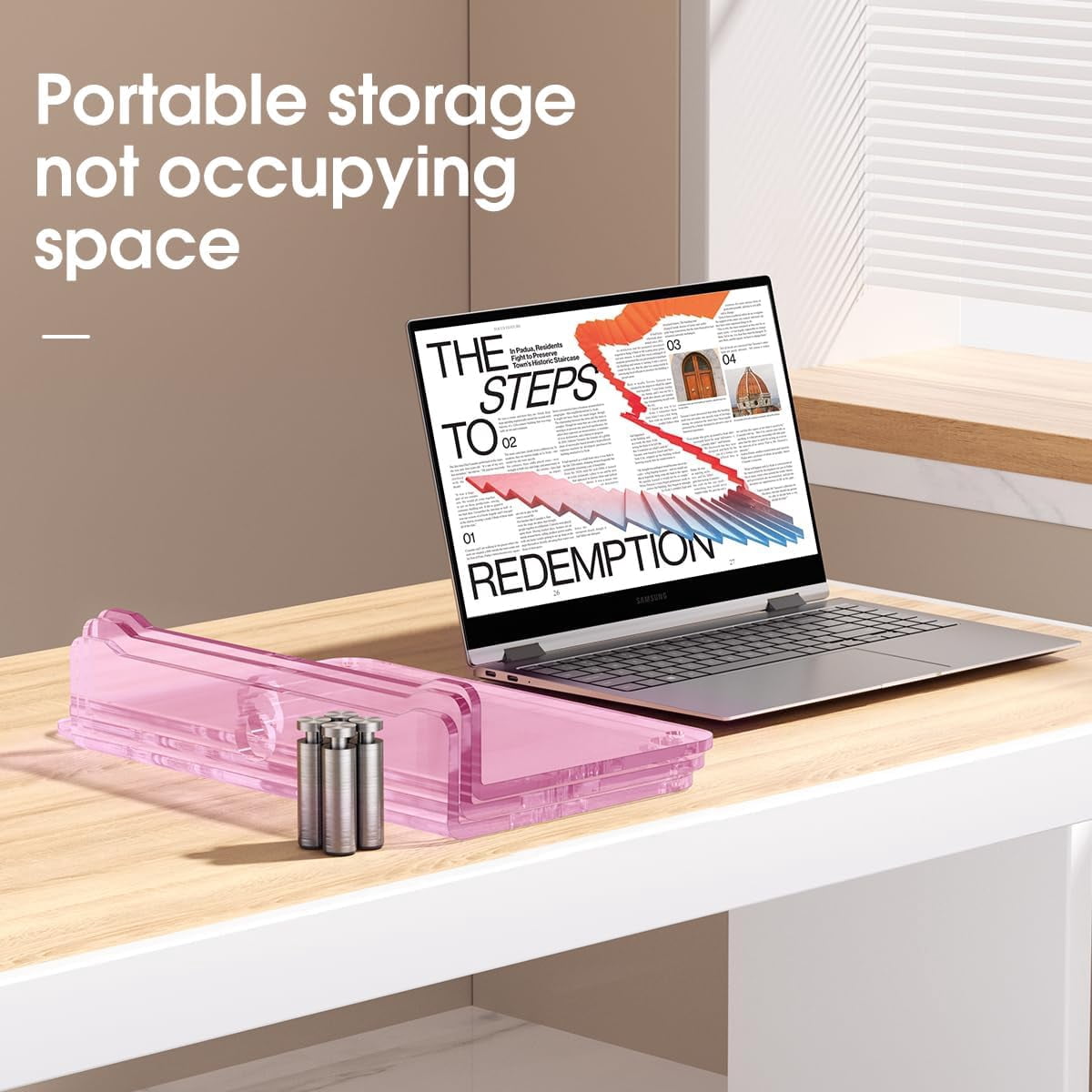 Dual Monitor Stand Riser, 3-Layer Pink Acrylic Desk Organizer with -Slip Pads for 2 Screens
