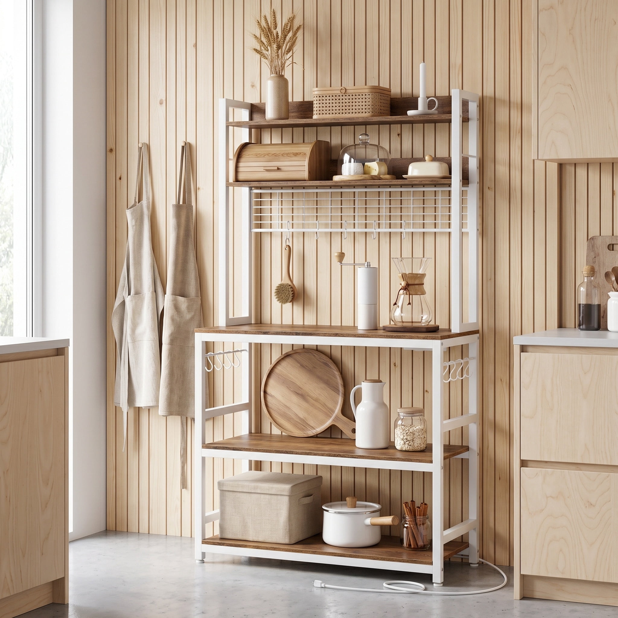 Nordic Hygge 66.9 in. Tall Bakers Rack with Power Outlet, Rustic Walnut & Cloud White