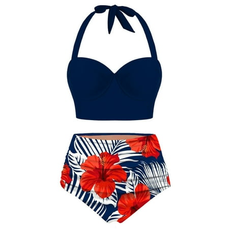 

Raeneomay Womens Bikini Swimsuits Discount Clearance Floral Print High Waist Crop Tops+Shorts Two Piece Swimwear Halter Tankini