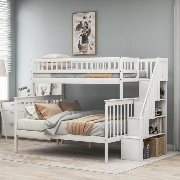Twin over Full Bunk Bed with Storage - White | Two Sizes & Shelves