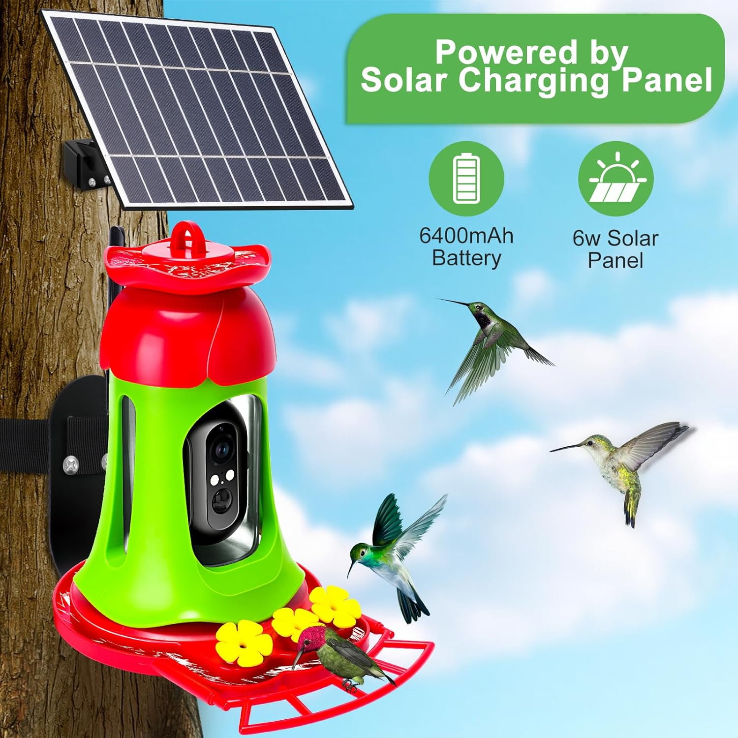 Hummingbird Feeder with Camera Solar Powered, AI Identify Bird Species, Hummingbird Feeder Camera Anti Ant Moat for Hummingbird, Outdoors Hanging, Ideal Gifts for Bird Lovers