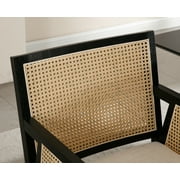 Guyou Rattan Dining Chairs Set of 2, Mid Century Modern Linen Upholstered Dining Room Armchairs, Farmhouse Wooden Kitchen Chairs with Cane Back and Black Hardwood Frame for Living Room, Beige