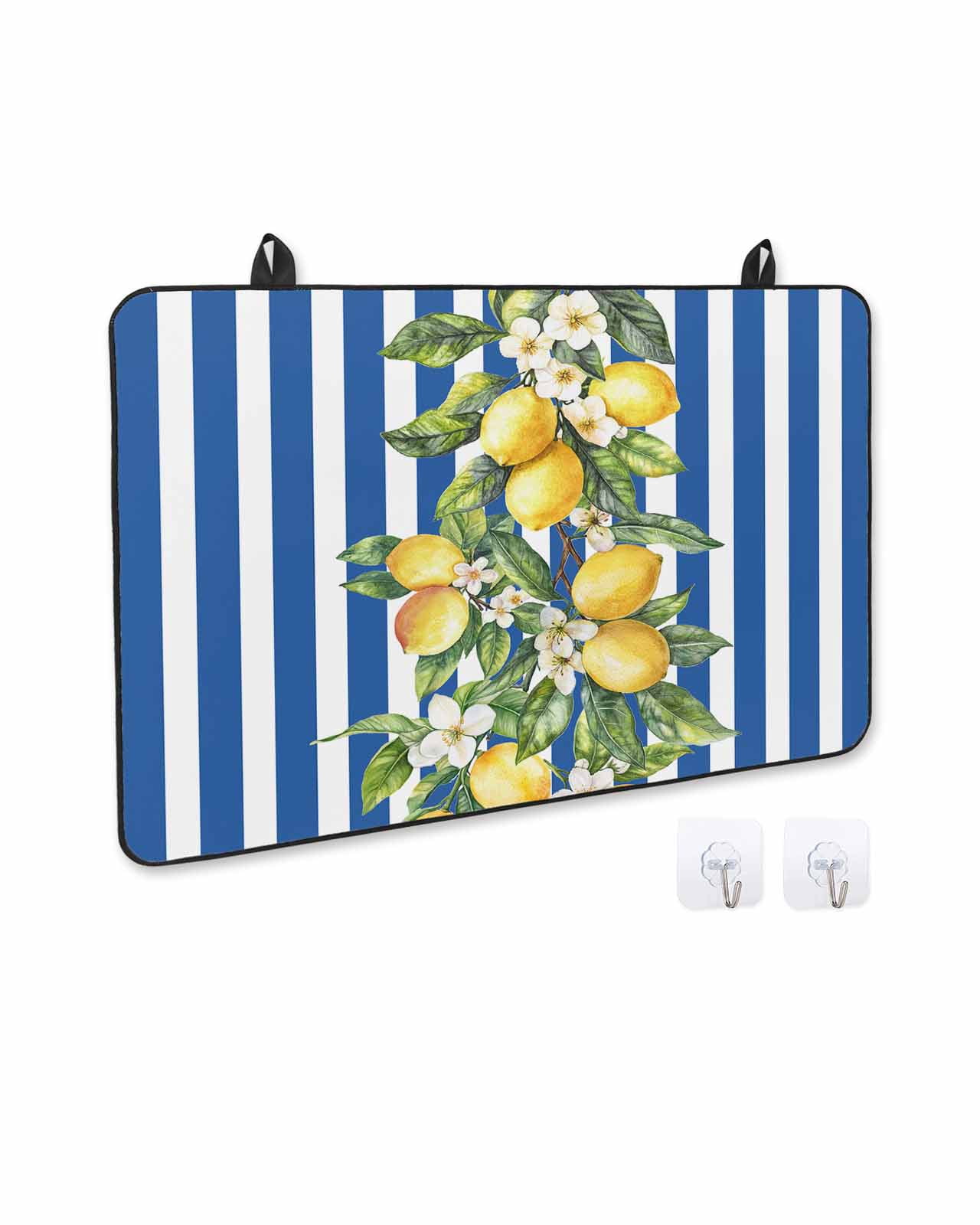 nqOlkjepod Large Induction Cooktop Protector Mat 24"x21", Blue Stripes Lemon Stove Top Covers for Electric Stove, Spring Fruit Flowers Leaves Line Stove Burner Cover Mats, Glass Top Stove Cover