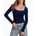 thumbnail image 5 of Womens Long Sleeve Square Neck Ribbed Knit Top Color Block Fitted Basic Crop Tee Fashion Clothes 2025, 5 of 7