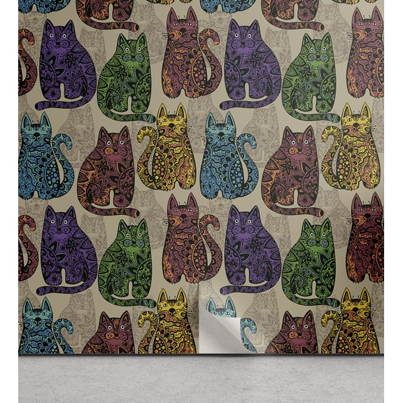 Ambesonne Tattoo Peel & Stick Wallpaper for Home, Colorful Cats, 13"x36", Multicolor
