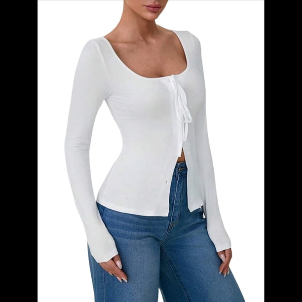 Camisas de Larga para Mujer, Camisetas con Cuello Redondo y Botones con Lazo, Blusas Estéticas para Salir M