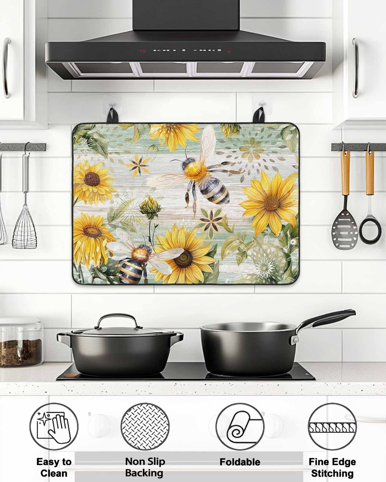 Stove Top Covers for Electric Stove, Sunflower Bee Glass Stovetop Cover Protector, Vintage Summer Botanical Farmhouse Induction Cooktop Protector Oven Mat for Kitchen Countertop 24"x21"
