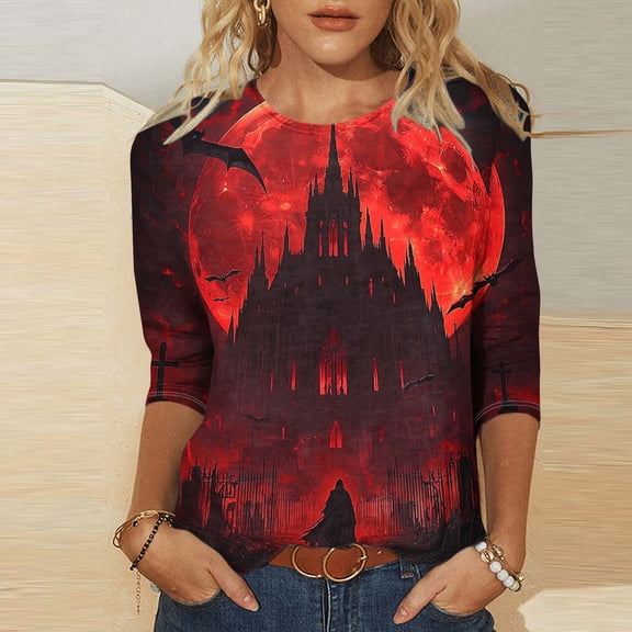Shihyeh Women Halloween Jackolantern Print Blouse V Neck 3/4 Sleeve Flare Sleeve Button Front Dressy Casual Top for Adult