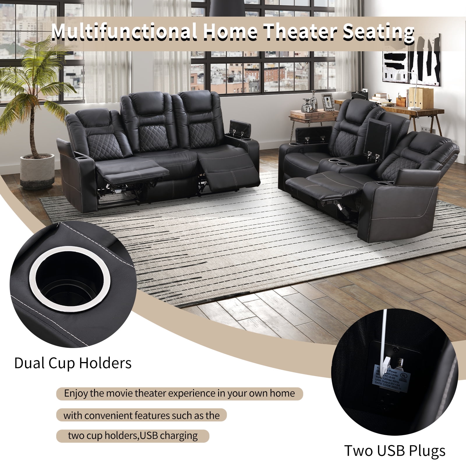 Bonzy Home Electric Power Recliner Loveseat with Console, 2-Seat Theater Seating Living Room Furniture Set, Cup Holders, Hidden Arm Storage, USB Charging Ports, Black