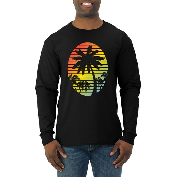 Tropical Palm Trees Silhouettes with Sunset | Mens Pop Culture Long Sleeve T-Shirt, Black, Small
