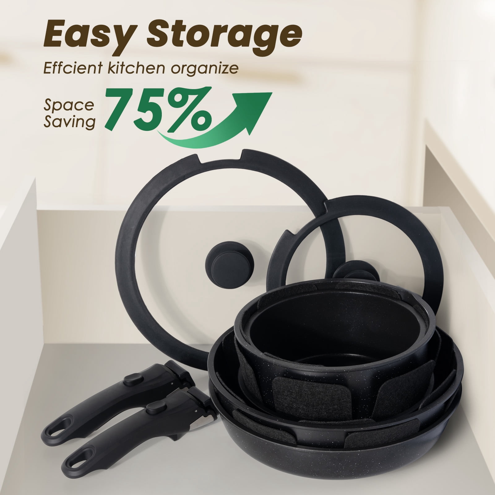 Kikcoin 19-Piece Nonstick Pots and Pans Set, Non-Toxic Coating Cookware Set with Removable Handles, Induction/Oven Safe(Black)