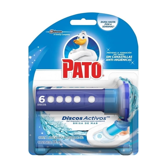 Discos Activos Gel Limpiador Continuo para Sanitarios Pato Brisa de Mar Aplicador y 6 Discos de Gel 38 g