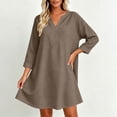 thumbnail image 4 of Bosfbaoi Linen Dresses for Women V Notch Neck 3/4 Roll Sleeve Loose A‑Line Short Dress with Side Pockets, 4 of 7