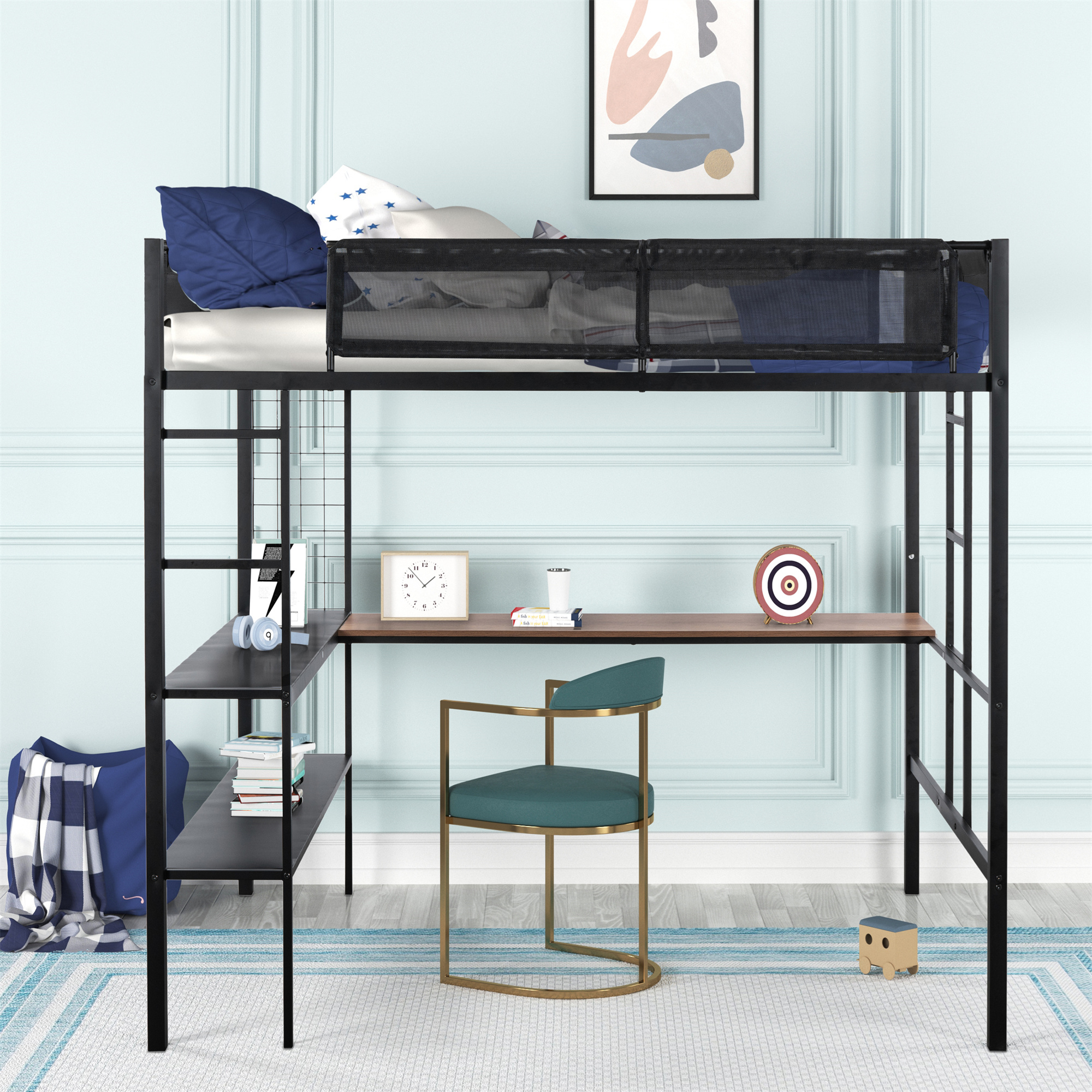 DEALTOPS Full Size Metal Loft Bed with Desk and 2-Tier Shelves and Grid Panel, Textilene Guardrail, Black
