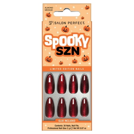 Salon Perfect Halloween Fall Artificial Fake Press On Nails, 386 Magnetic Red, Medium Almond, File, Glue and Prep Pad Included, 30 Nails