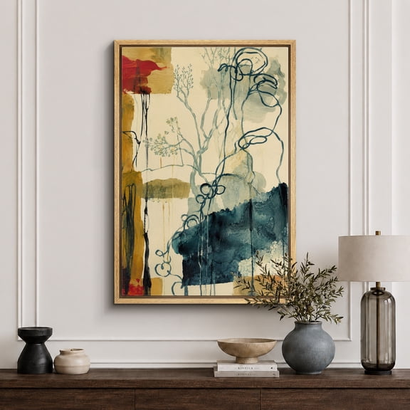 Framed Canvas Print Abstract Ink Botanical Wall Art Modern Decorative for Living Room Bedroom - 16"x24" NATURAL Frame