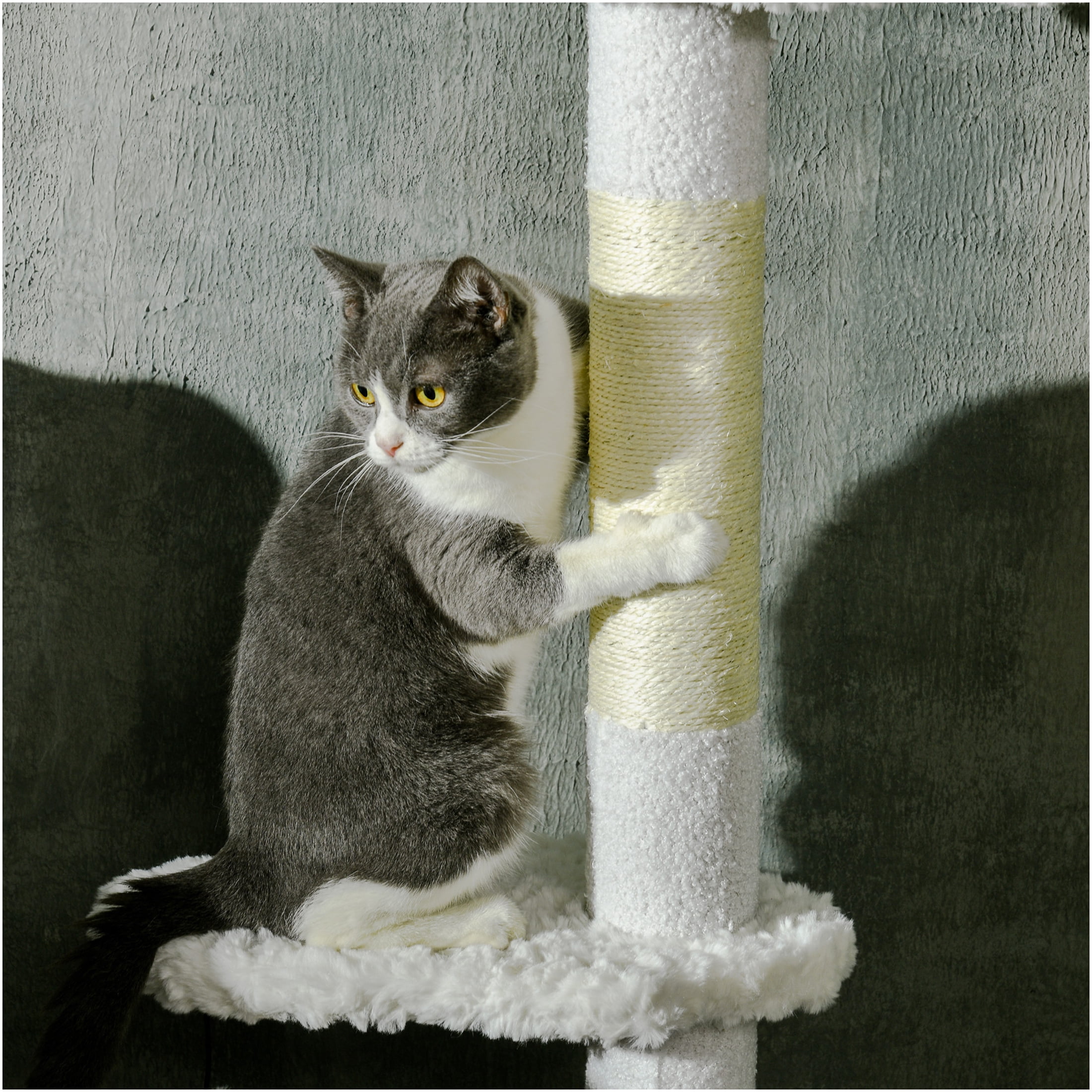 JERFIT Adjustable Floor to Ceiling Cat Tree, 88.5"-100.5" Tall Cat Tower with Scratching Posts, Cloud Perches, Hanging Toys & Anti-Tip Safety Wall Mount for Indoor Cats, White