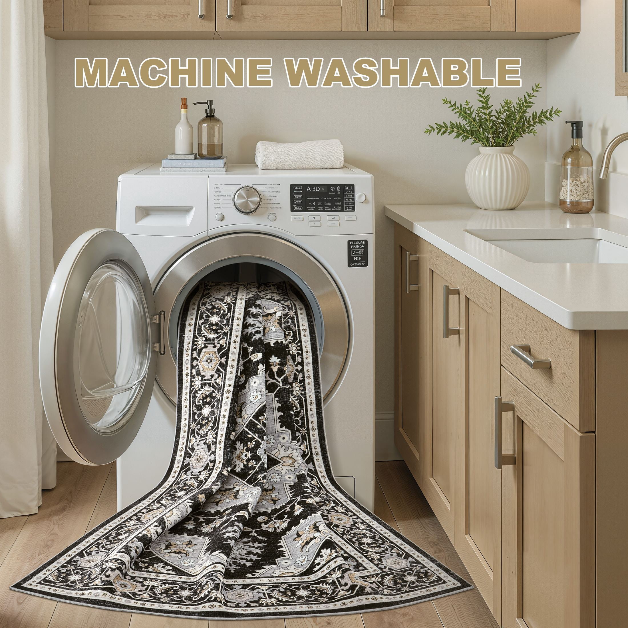 UERMEI 10'x14' Washable Large Area Rugs for Living Room, Vacuum friendly, Vintage Floral Boho Printed Carpet, Non Slip Indoor Rugs for Bedroom Home Decor Carpets, Black/Gray