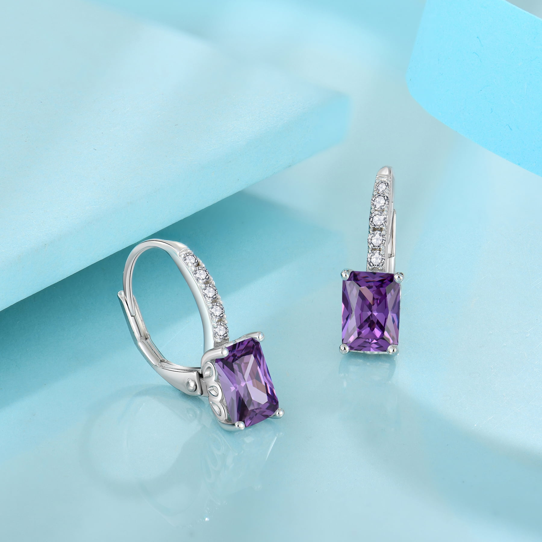 FJ Princess Cut Dangle Drop Earrings 925 Sterling Silver Square Leverback Earrings February Birthstone Amethyst Jewelry Gifts for Women
