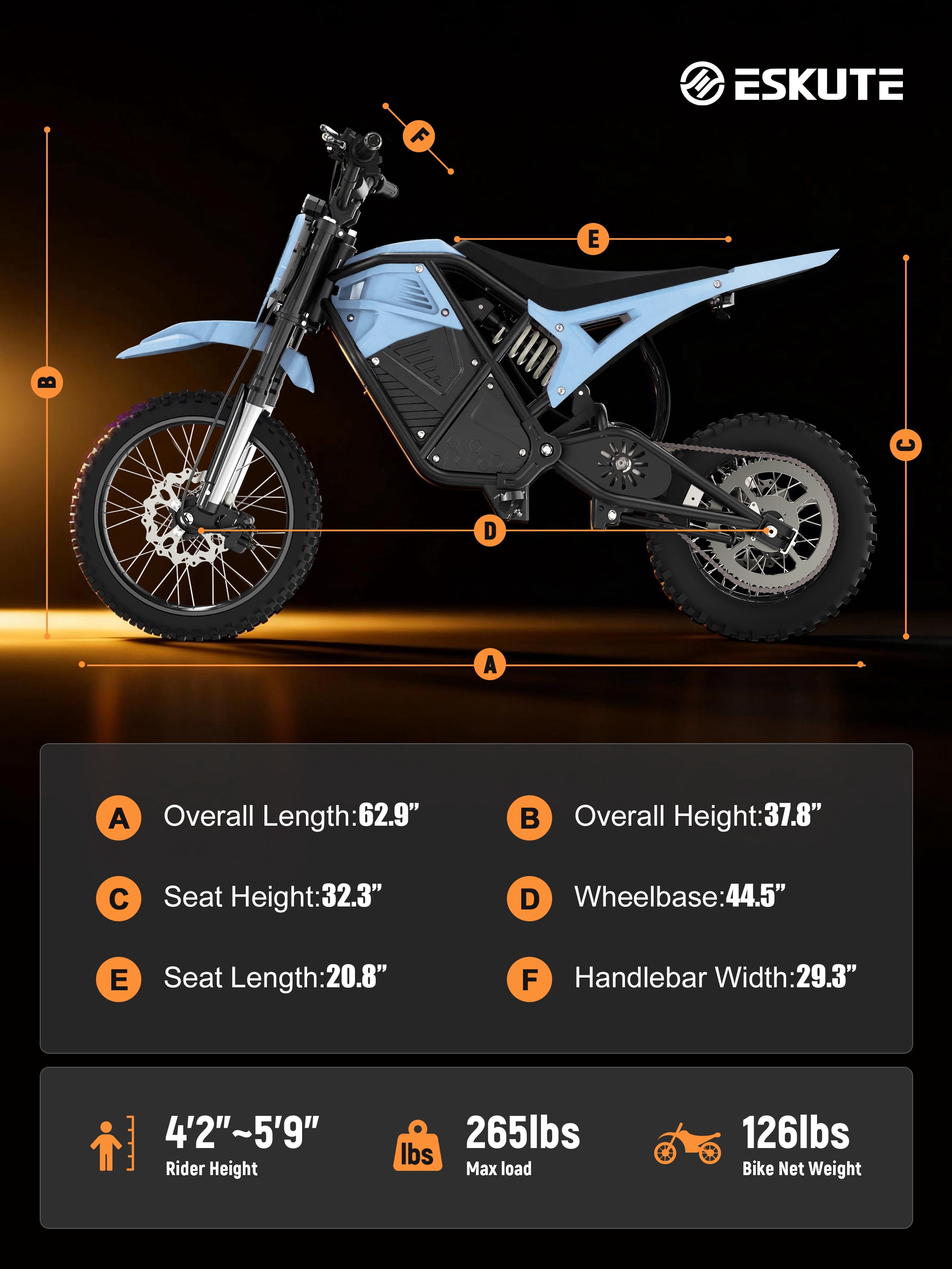 Eskute Electric Dirt Bike for Teens Adults, Electric Motorcycle 48V23Ah, Mid-Drive Motor 3500W Peak 38mph 53-Mile Range, Hydraulic Nitrogen Dual Shock Absorbers Blue with Lock, UL2849