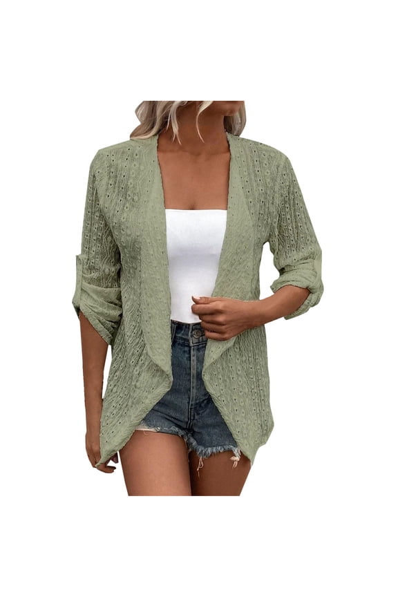 Cardigan For Women Casual Solid Long Sleeve Top Mid Sleeve Coat Boho Oversized Open Front Jacquard Weave Cardigans Fall Trendy Loose Fit Lightweight Outerwear