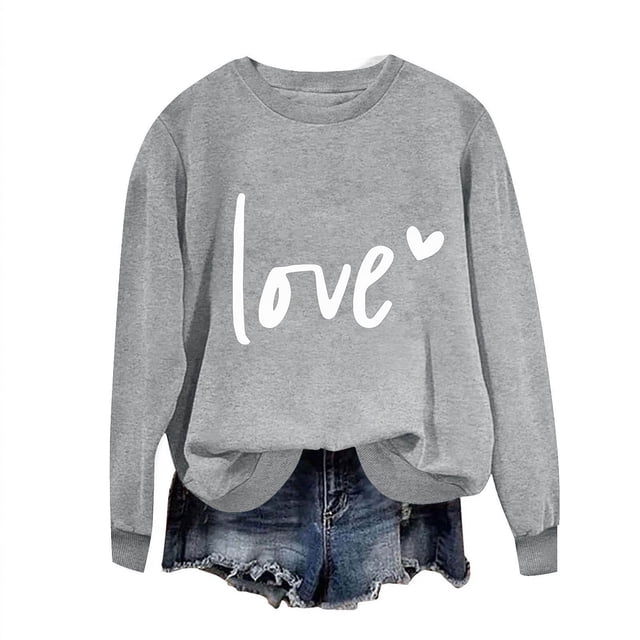 Penkiiy Día de San Valentín Sudadera para Mujer Lindo Amor Camisetas Corazón Casual de manga larga Camiseta de San Valentín Ropa Tops XL Gris