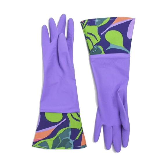 Bright Box Reusable Cleaning Gloves, Long Cuff Kitchen Dish Gloves, Purple Botanical, 1 Pair