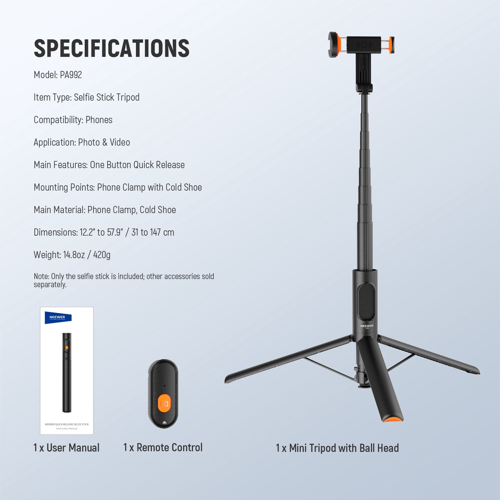 Neewer 57.9" Selfie Stick Tripod for iPhone/Samsung/Android - Lightweight, w/Phone Holder & Remote, PA992 Black