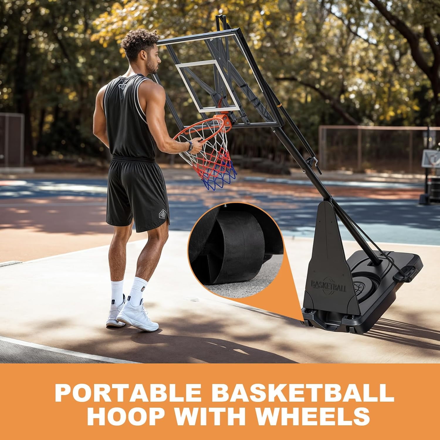 Basketball Hoop Outdoor Portable, 5-10ft Quickly Adjustable Basketball Goal System with 44 Inch PC Shatterproof Backboard & Wheels for Court/Backyard/Driveway