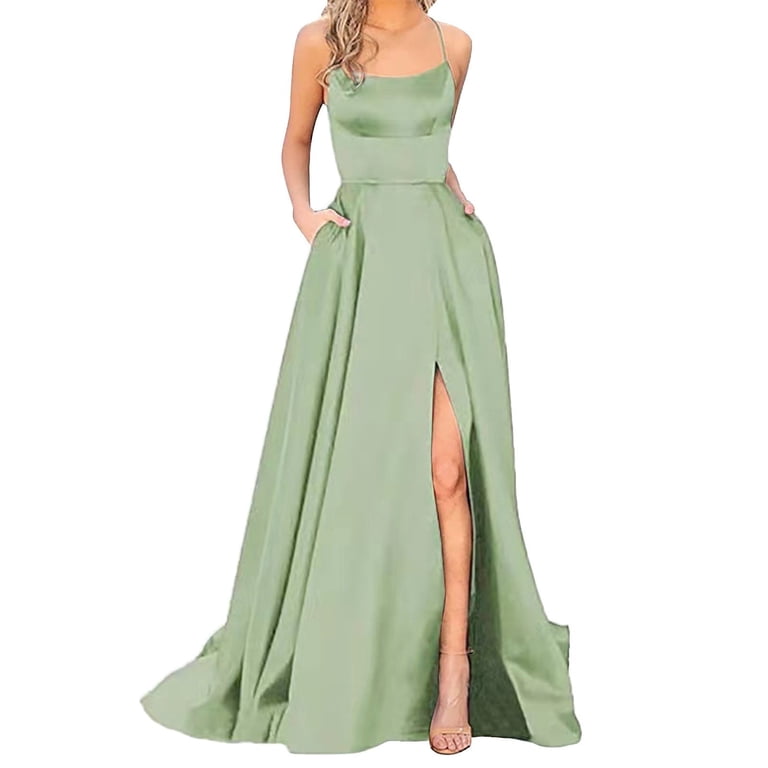 Wuxian Women Prom Dresses Spaghetti Straps Satin Long With Side Slit A Line Bridesmaid Dress With Pockets - Walmart.com Wuxian Women Prom Dresses Spaghetti Straps Satin Long With Side Slit A Line Bridesmaid Dress With Pockets - Walmart.com