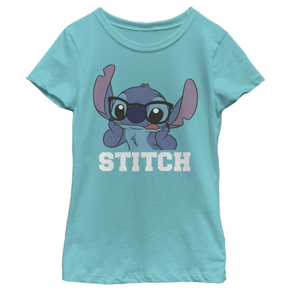 Girl's Lilo & Stitch Silly Black Glasses  Graphic Tee Tahiti Blue Large