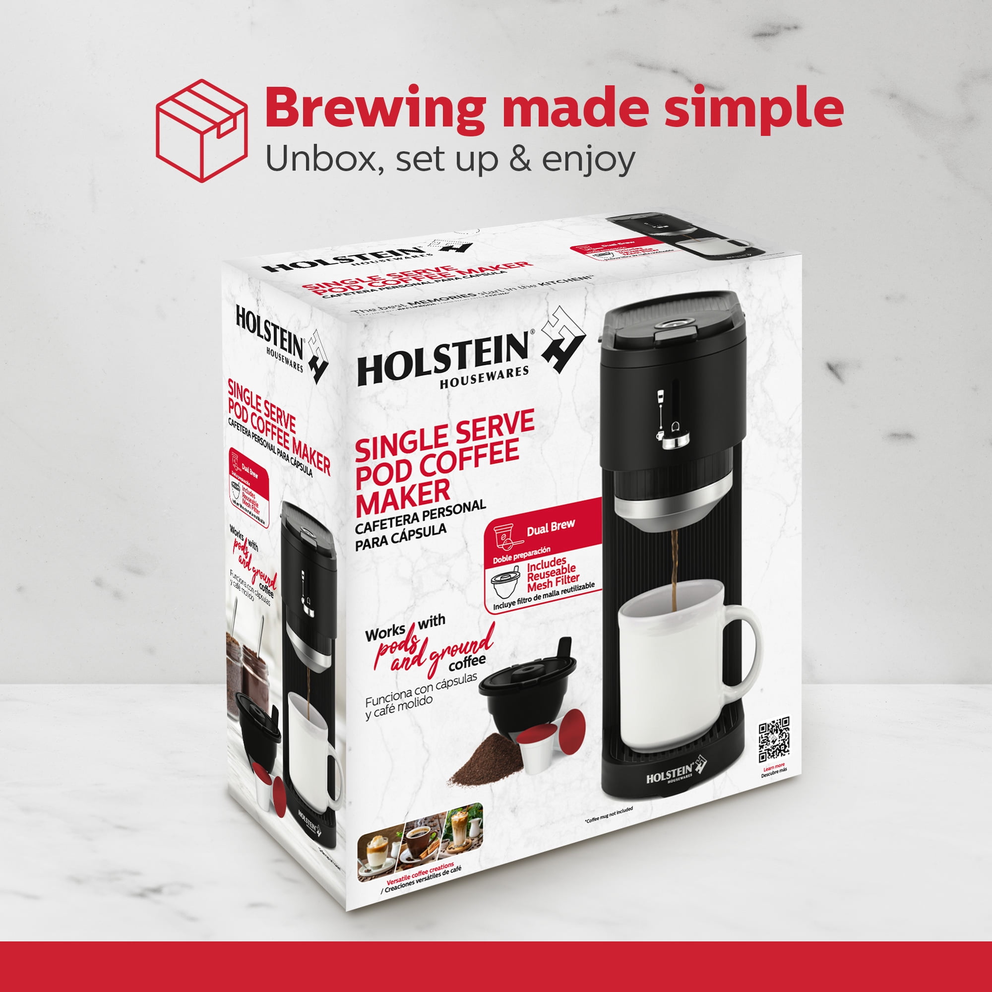 Holstein Housewares 2-In-1 Single Serve Pod and Ground Coffee Maker, Compact Dual Brew Machine with Reusable Mesh Filter, Fits Small Cups and Large Mugs, Space-Saving Design, 14 oz Water Tank