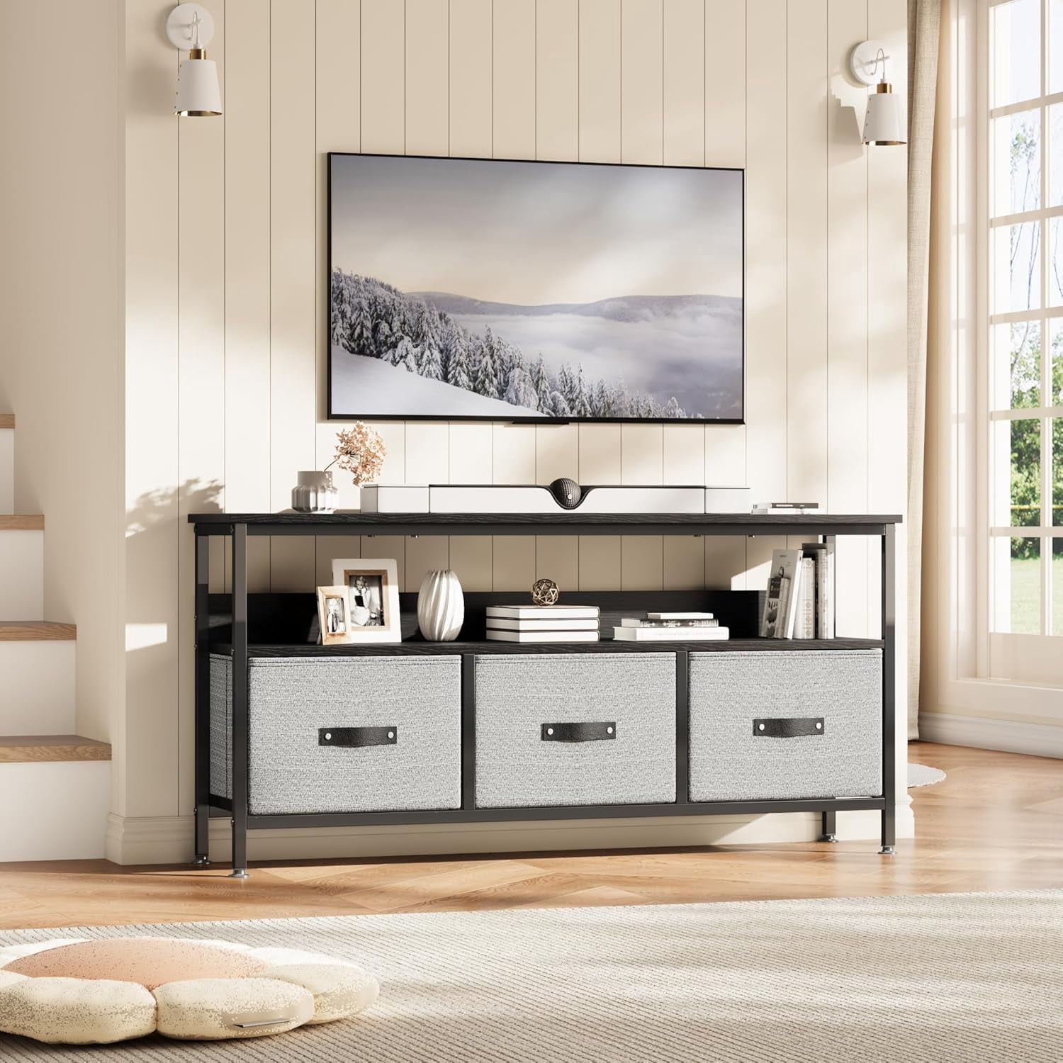 Acekid Dresser TV Stand - 55 Inch Entertainment Center with Storage, Modern TV Console Table with Drawers & Shelves for Bedroom/Living Room, Black