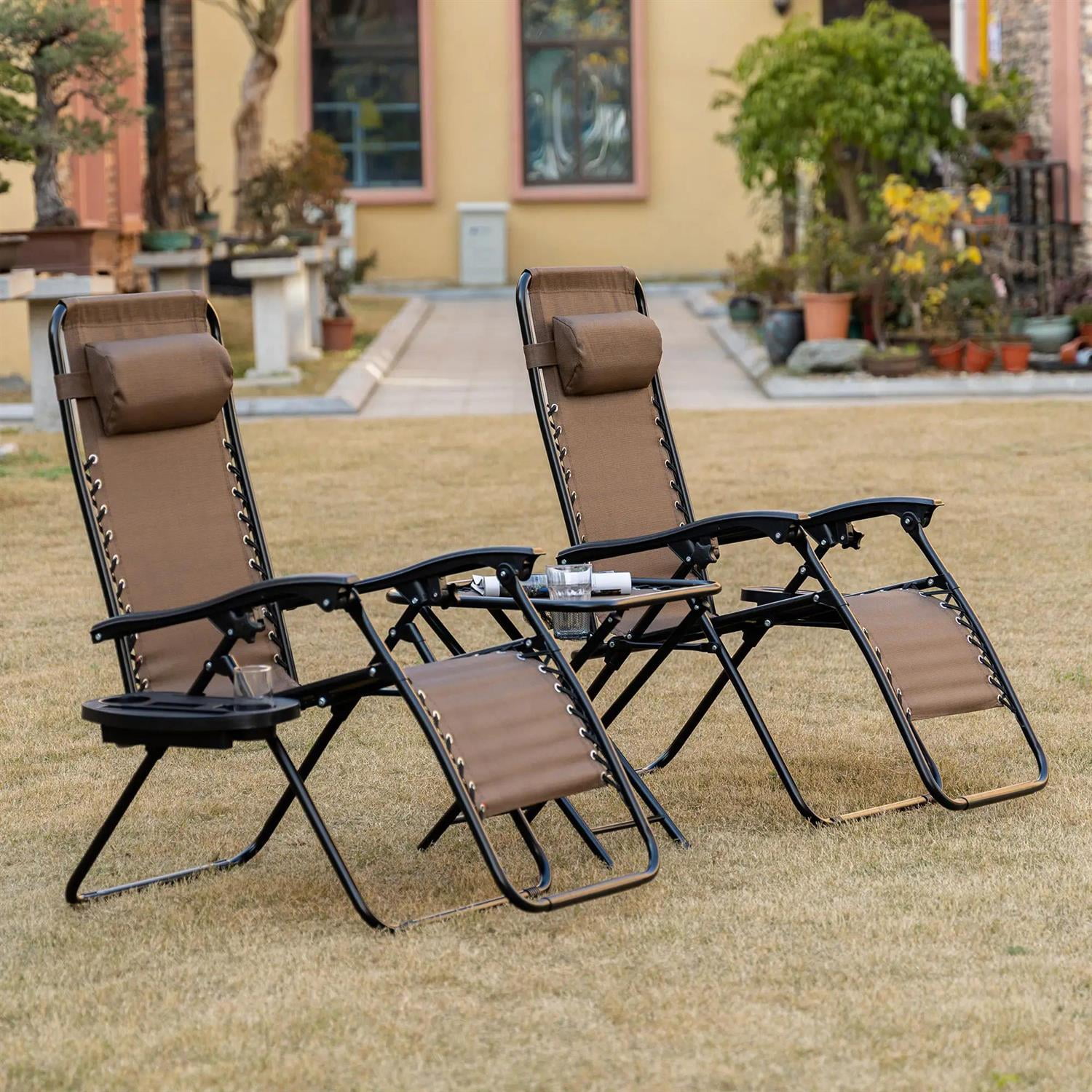 Demi Bonn Outdoor Zero Gravity Chair Set with Side Table, Folding Reclining Chair with Cupholders, Pillows, Adjustable Lounge Chair for Pool, Backyard, Lawn, Brown