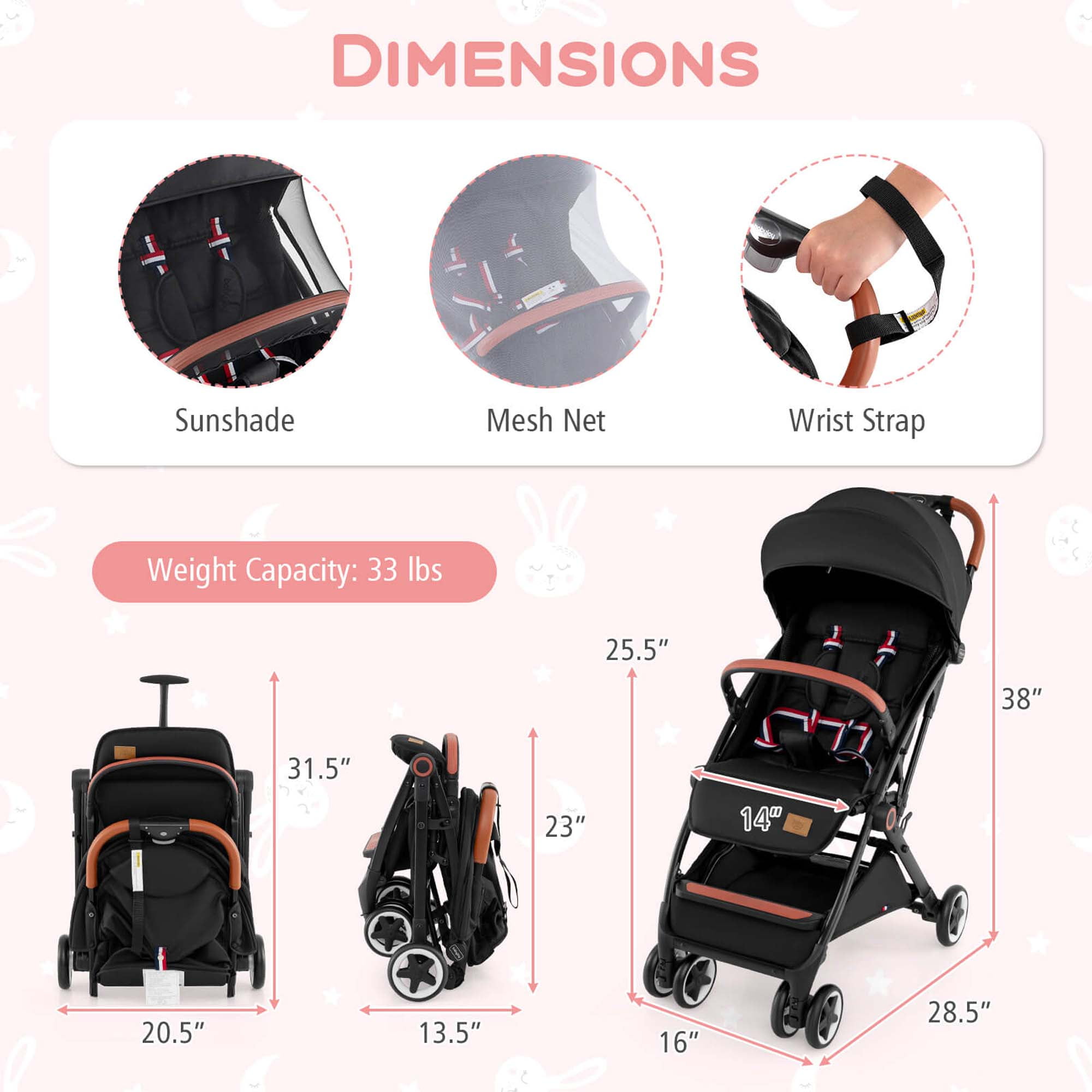 Costway Lightweight Baby Stroller Aluminium Frame with Net for Travel Black