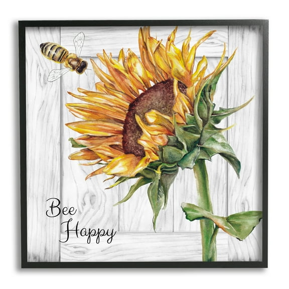 Stupell Industries Bee Happy Rustic Sunflower Botanical & Floral Painting Black Framed Art Print Wall Art, 12 x 12