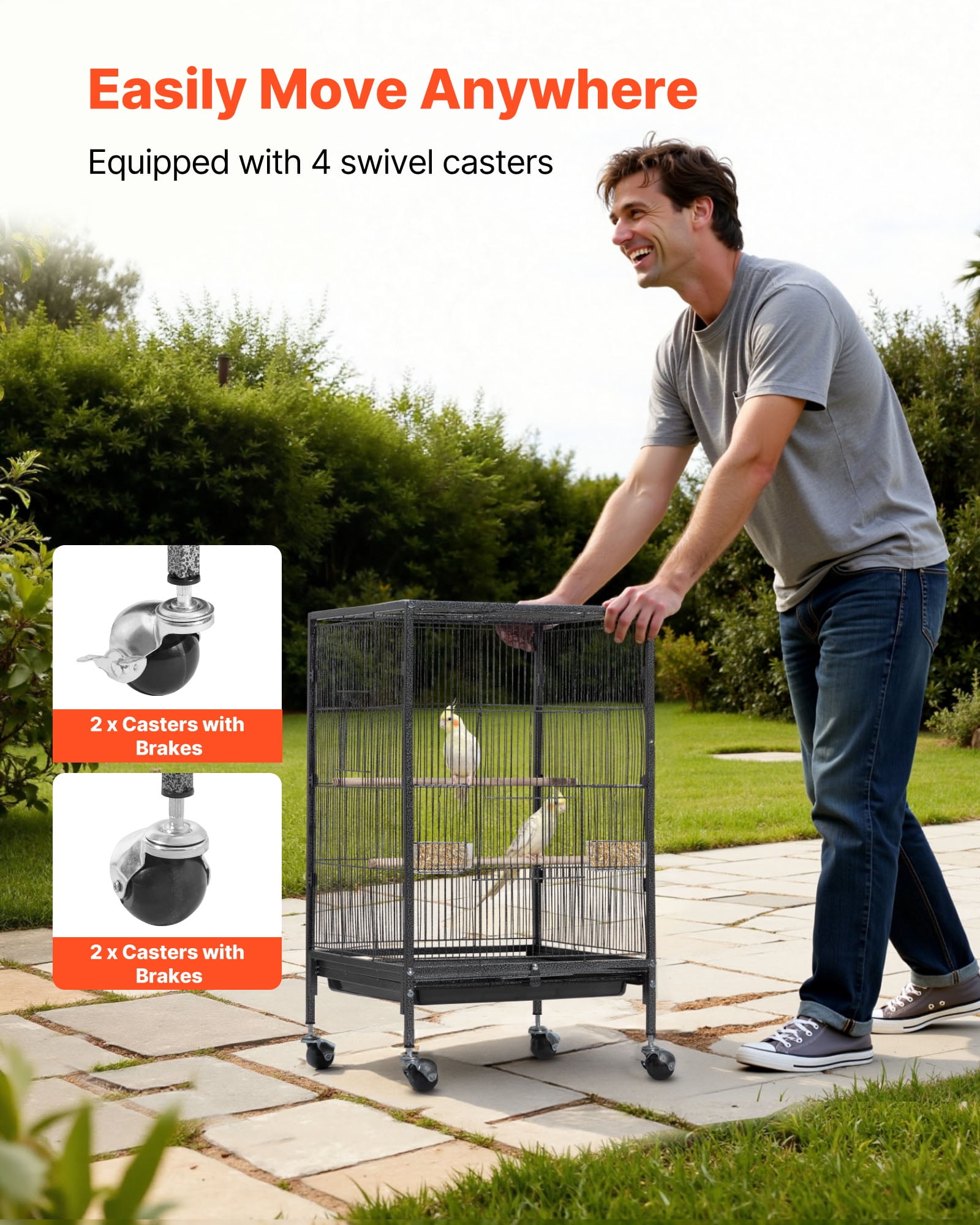 VEVOR Bird Cage, 18 x 18 x 30 inch, Open Flat Top, Wrought Iron Bird Flight Cage with Perches, Slide-Out Tray and Plastic Feeders, Casters, for Parrot, Blue Tit, Cockatiel, Canary, Budgerigar, Conure