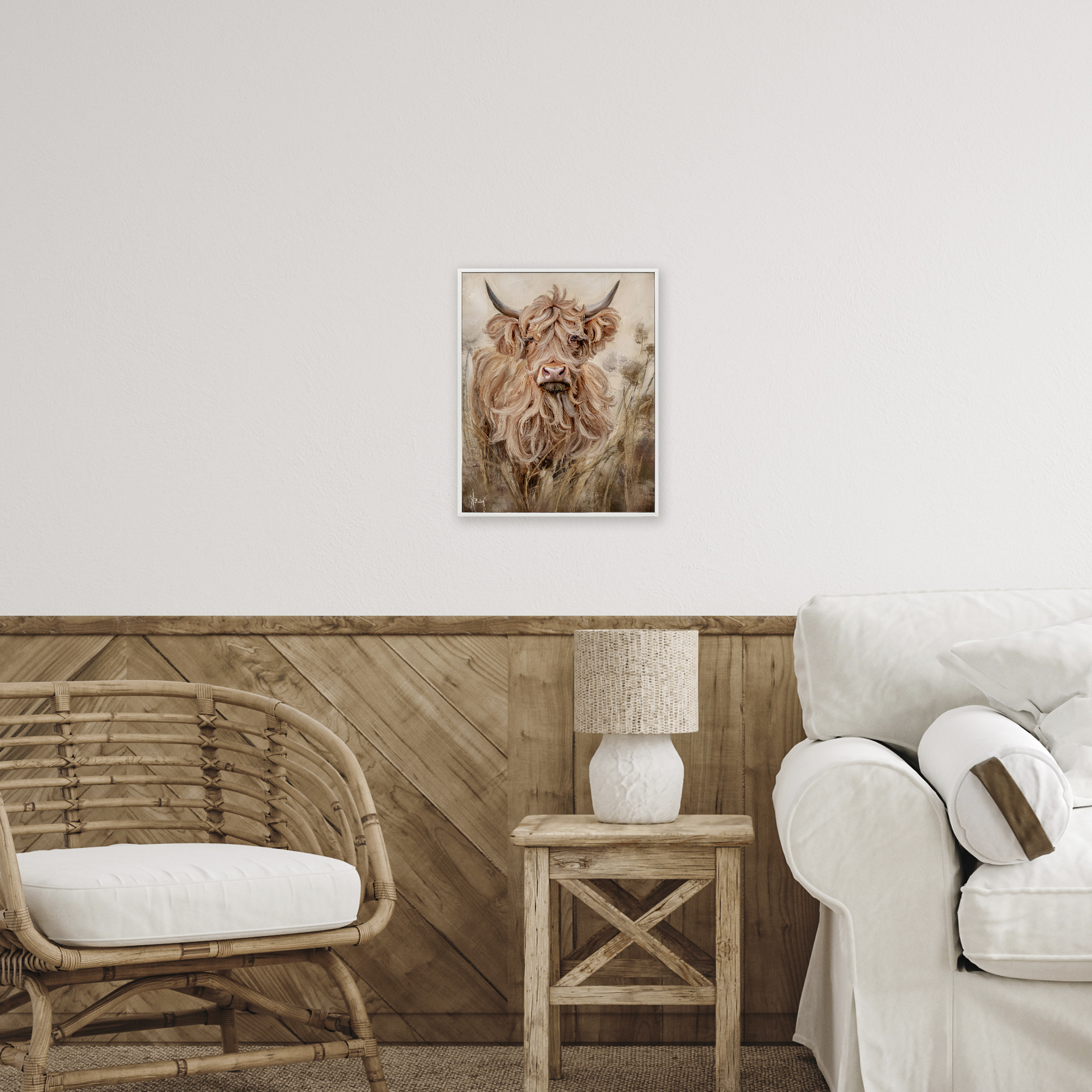 Curly Haired Highland Cattle White Framed Giclee Art, design by Ashley Bradley